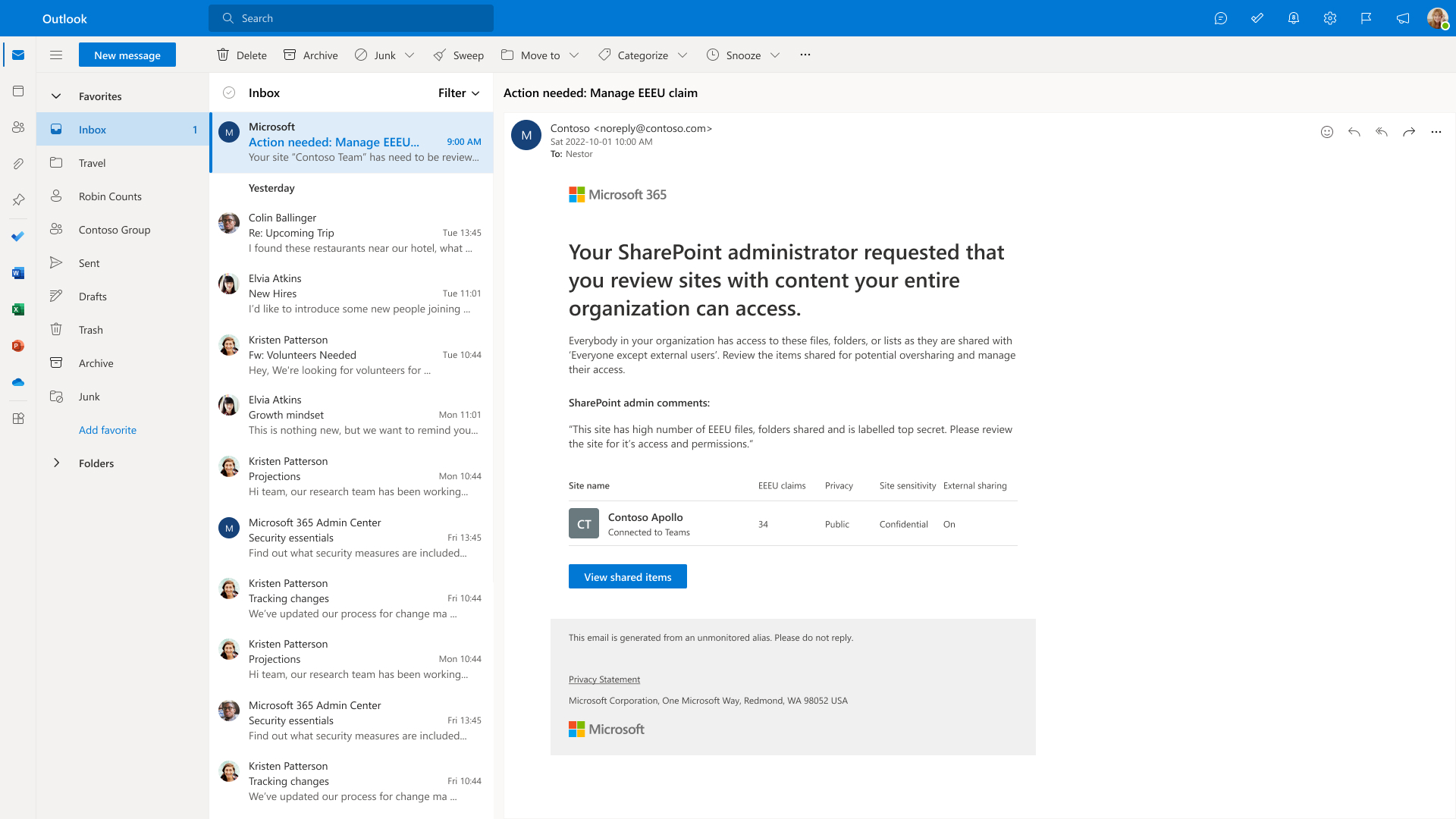 Screenshot that shows email received by site owners for oversharing via EEEU
