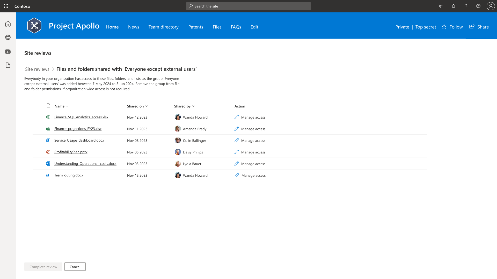 Screenshot that shows view for site owner regarding items shared with eeeu.