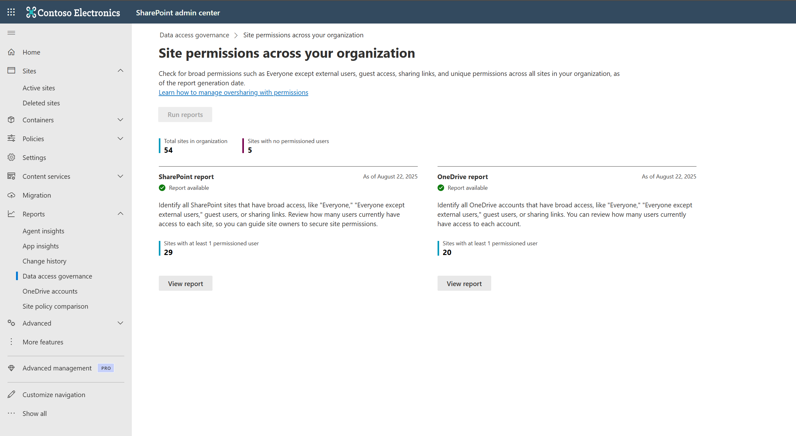 Screenshot of the site permissions report status and summary page.