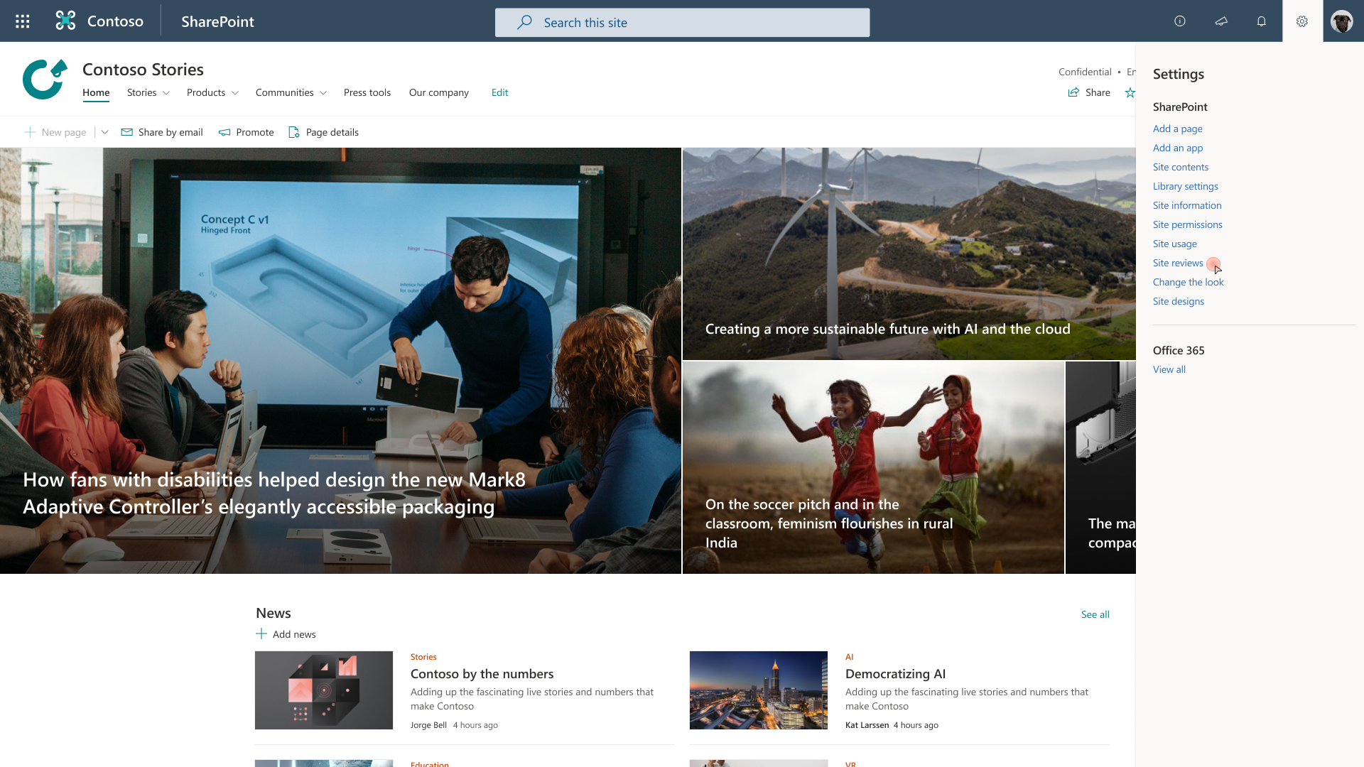 Screenshot that shows path to site review page from site home page under gear icon.