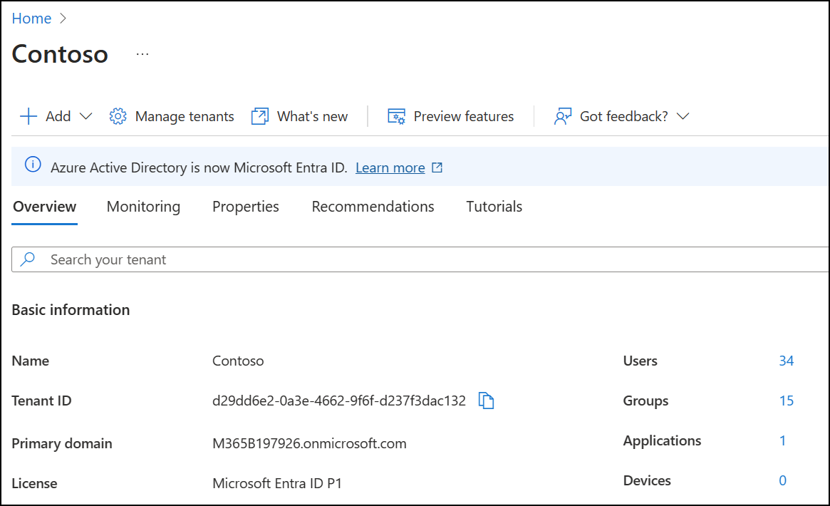 Screenshot that shows the Directory Properties pane in the Entra Admin Center dashboard.