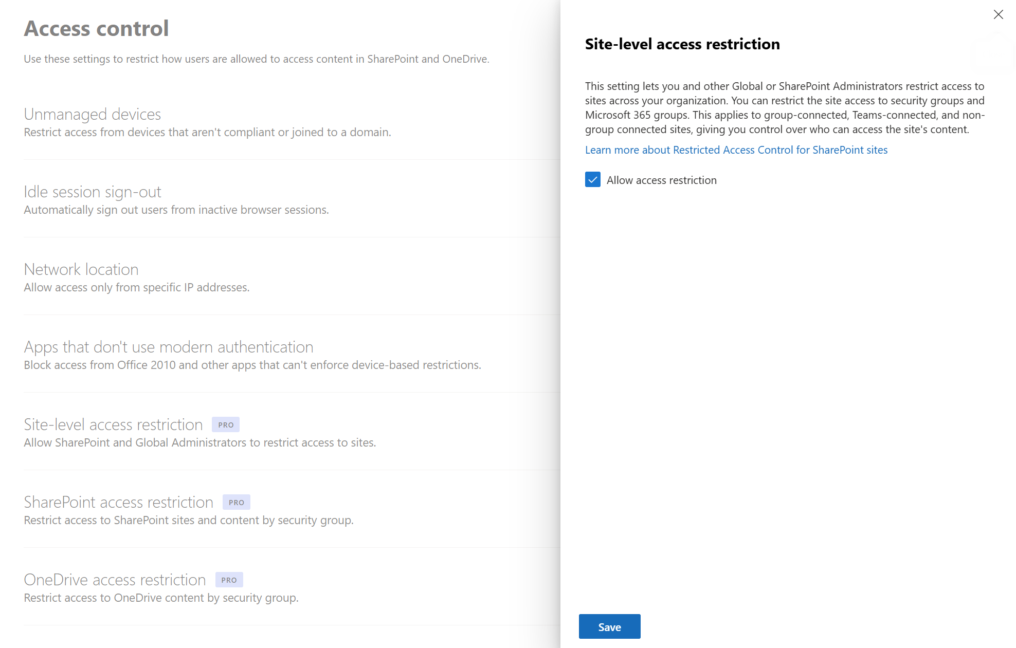 screenshot of site access restriction in sharepoint admin center dashboard.