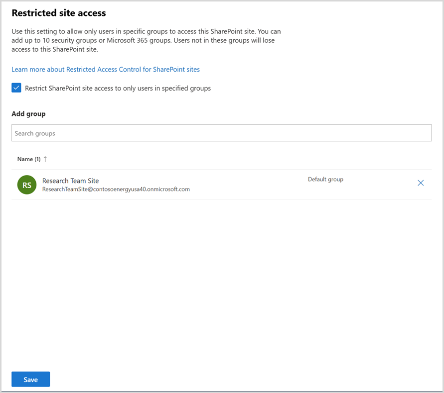 screenshot showing site access restriction security groups being added to connected sites.