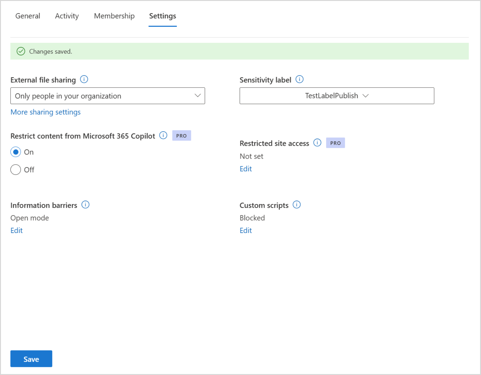 Screenshot of site details panel showing ability to restrict a site from being discovered in Microsoft 365 Copilot.