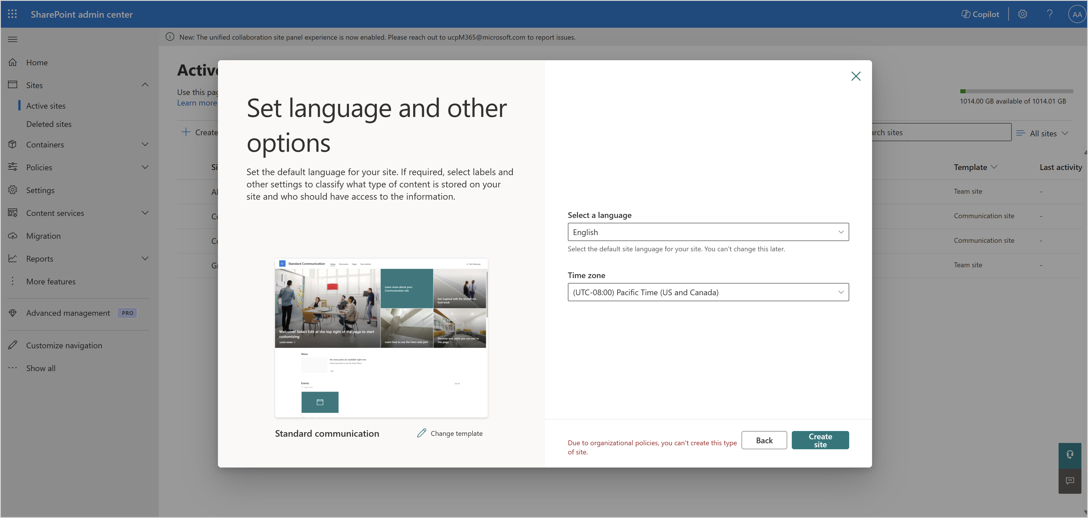 Screenshot of failed communication site creation.