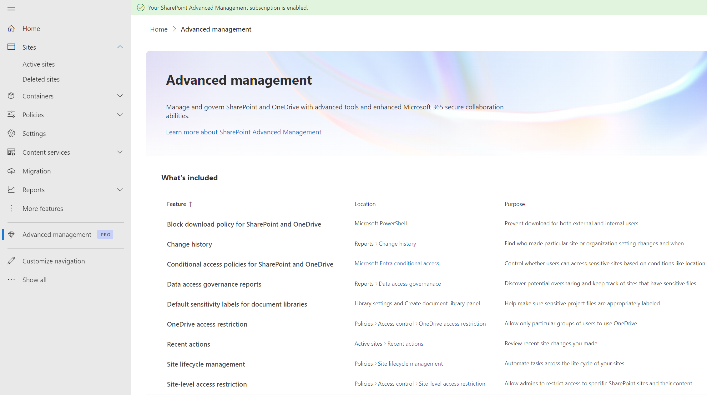 Screenshot of SharePoint Advanced Management features dashboard.