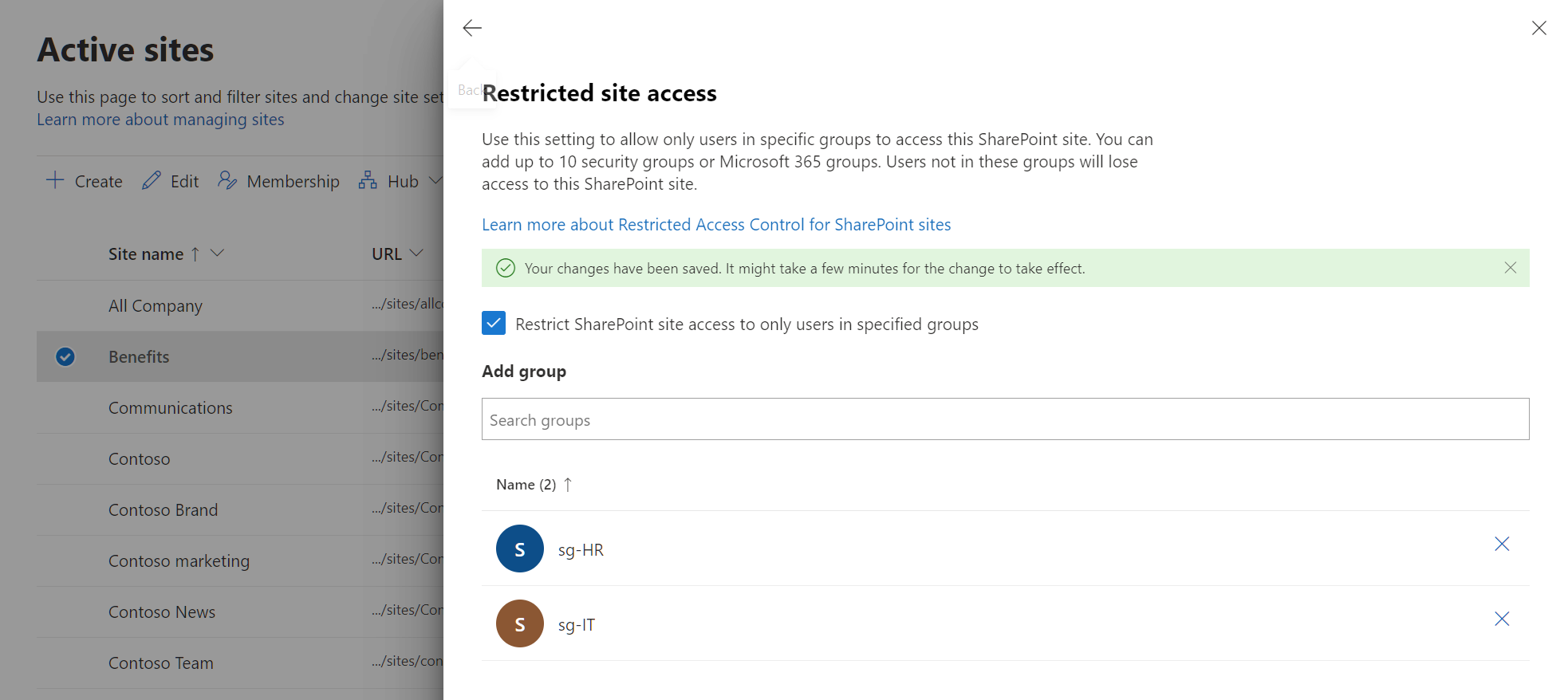 Screenshot of saved changes for restricted access control for SharePoint sites.