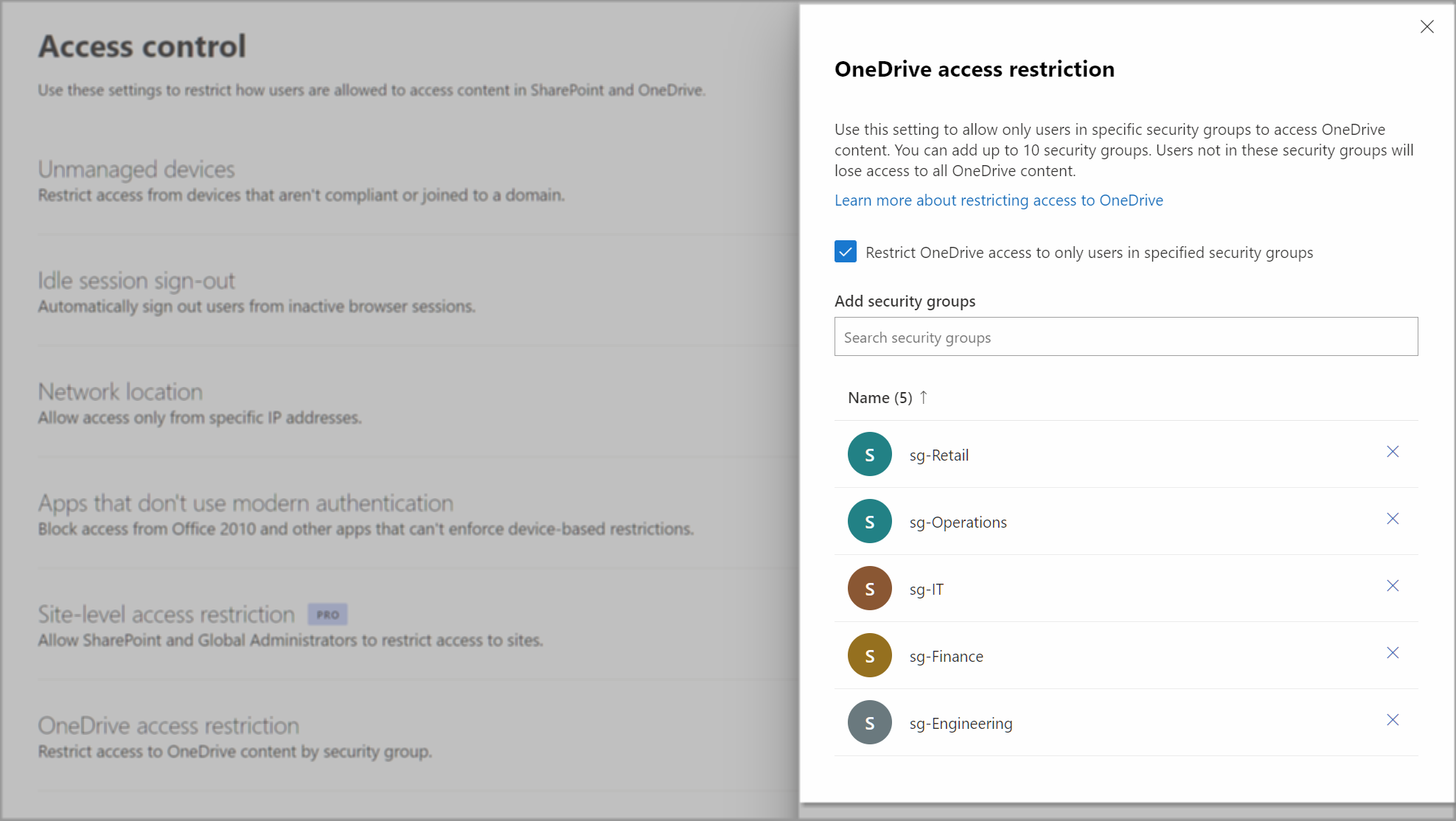 Screenshot of restricted access control for OneDrive.