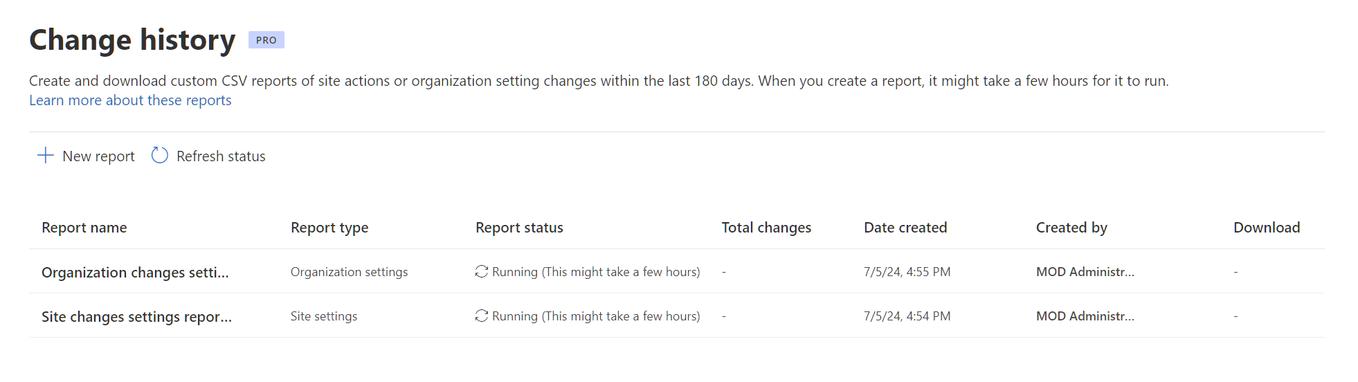 Screenshot of change history report dashboard.