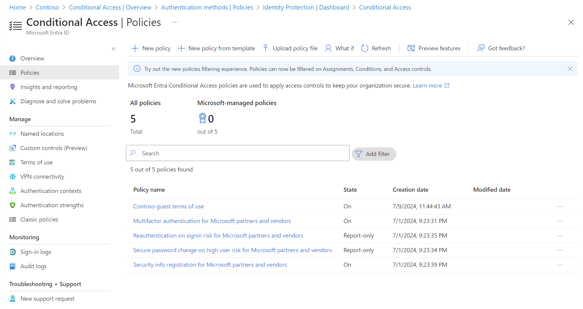Screenshot of conditional access policy dashboard.
