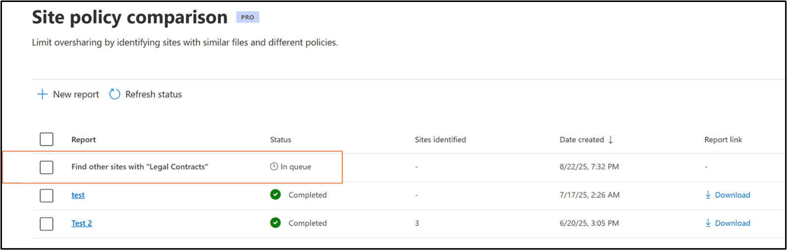 Screenshot showing the site policy comparison report in queue status while waiting to be processed.