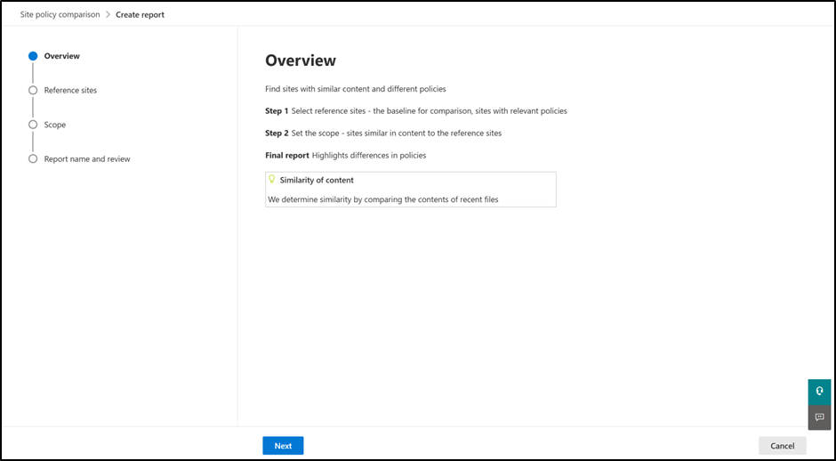 Screenshot showing the site policy comparison report overview with step 1 of reference sites, step 2 of target sites, and the similarity of content call-out.