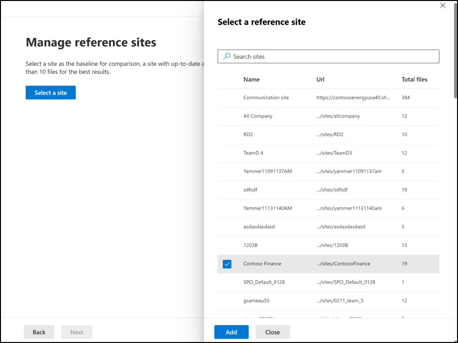 Screenshot showing the reference site selection page where administrators can choose one or more sites to serve as the baseline for policy comparison.