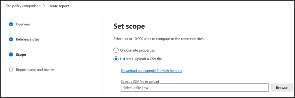 Screenshot showing the option to upload a CSV file containing site URLs for target sites.