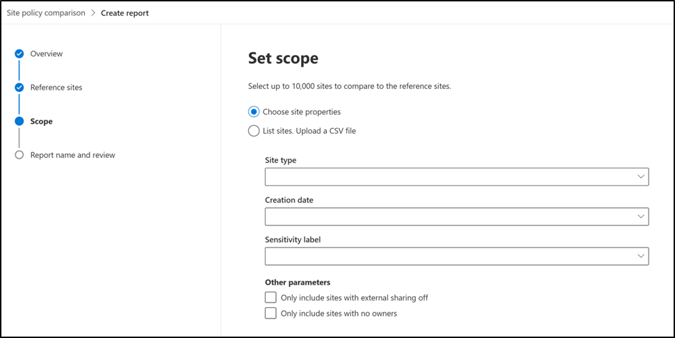 Screenshot showing the scope selection page where administrators can filter target sites by properties like site type, creation date, and sensitivity label.