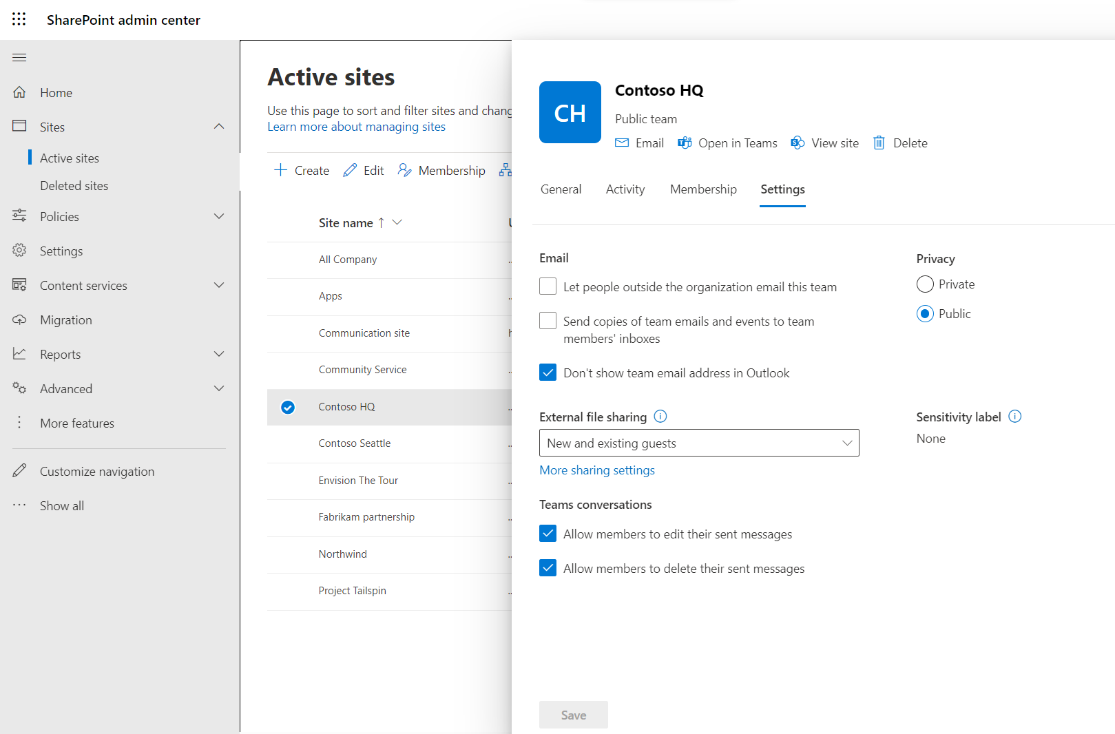 Screenshot showing the SharePoint admin center active sites panel.