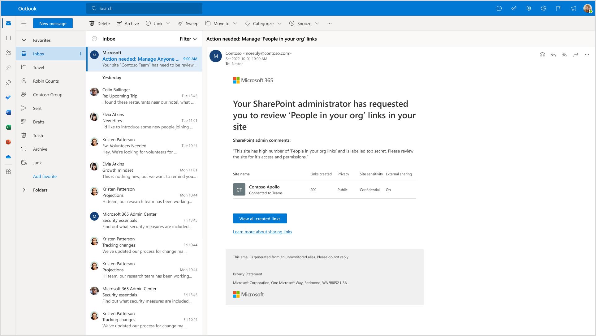 Screenshot that shows the detailed oversharing permissions reports email notification.