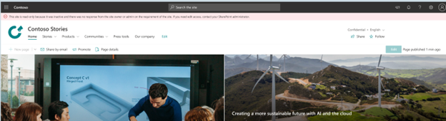 Screenshot of Site lifecycle management read-only mode banner at the top of a SharePoint site.