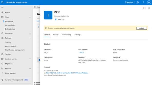 Screenshot of Site lifecycle management site page in SharePoint admin center.