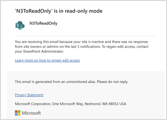 Screenshot of Site lifecycle management read-only mode notification.