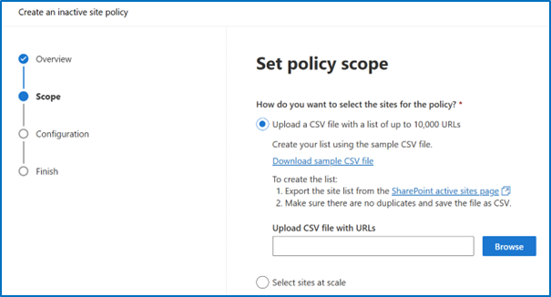 Screenshot of Scope page when selecting the option to upload a CSV file with a list of up to 10,000 URLs.