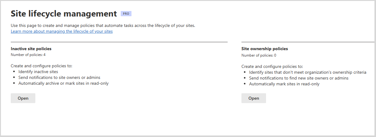 Screenshot of ownership policy being created in SharePoint admin center dashboard.