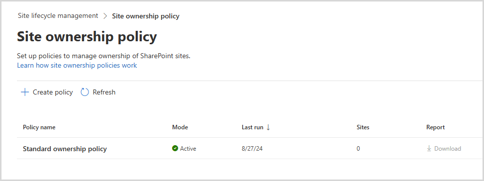 Screenshot of ownership policy created in SharePoint admin center dashboard.