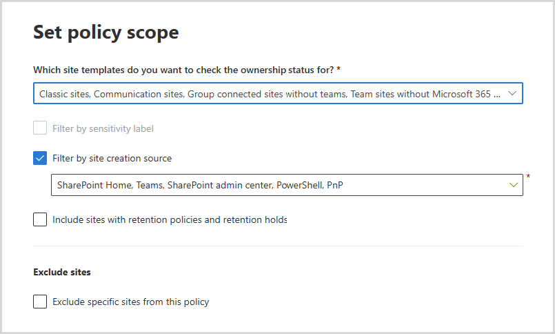 Screenshot of site ownership policy with set policy scope in SharePoint admin center dashboard.