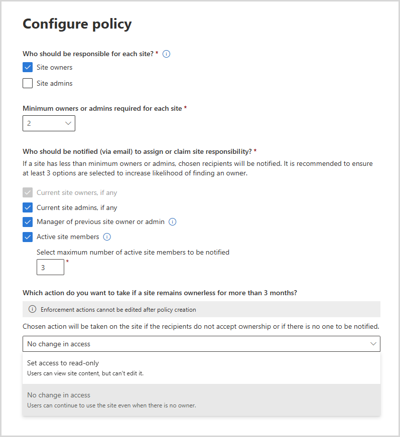 Screenshot of ownership policy configuration page in SharePoint admin center dashboard.