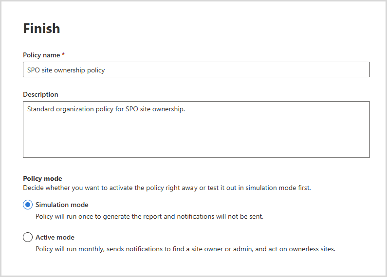 Screenshot of ownership policy with notifications options selected.