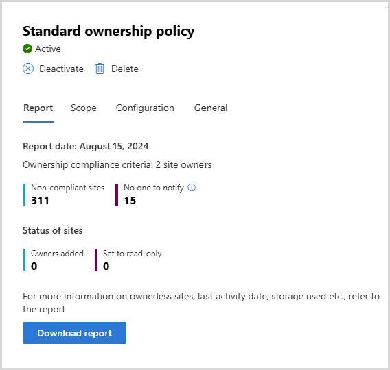 Screenshot of ownership policy report.