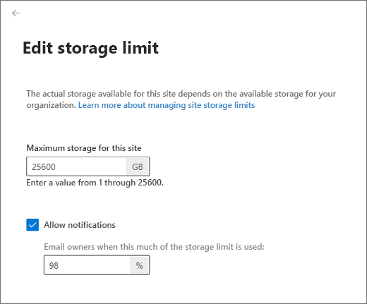 Changing the storage limit for a site in the SharePoint admin center.