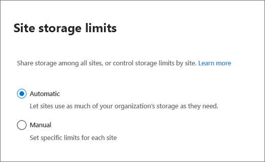 Managing site storage limits in the SharePoint admin center.