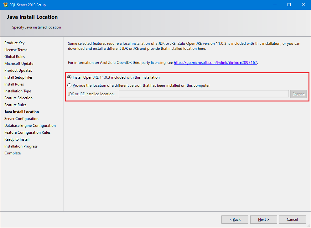 Screenshot of the Java install location.