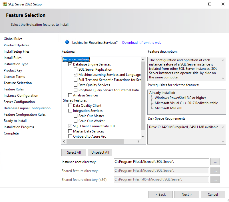 Screenshot of instance features.