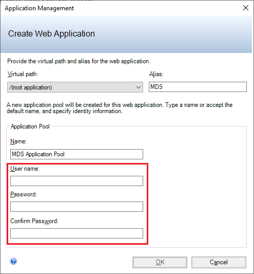mds-SQLServer2019-Config-MI_CreateWebApplication Screenshot of the Application Management dialog box.