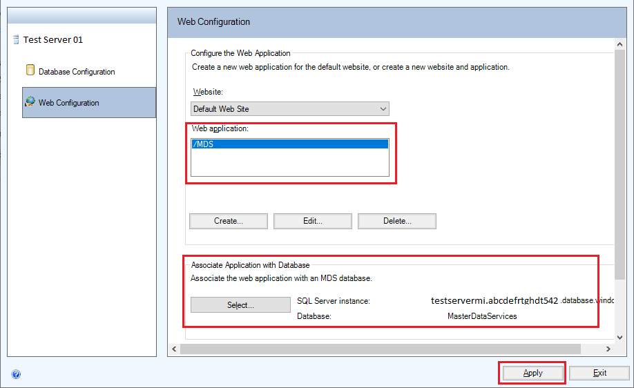 mds-SQLServer2019-Config-MI_WebConfigSelectDB Screenshot of the Web Configuration section.