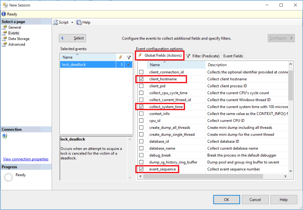 Screenshot from SSMS of the New Session > Events, Global Fields (Actions).