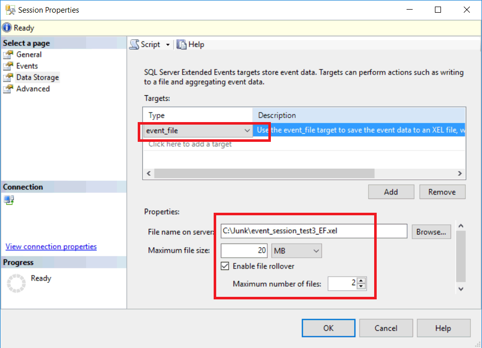 Screenshot from SSMS of the New Session > Data Storage, eventfile_enablefileroleover.