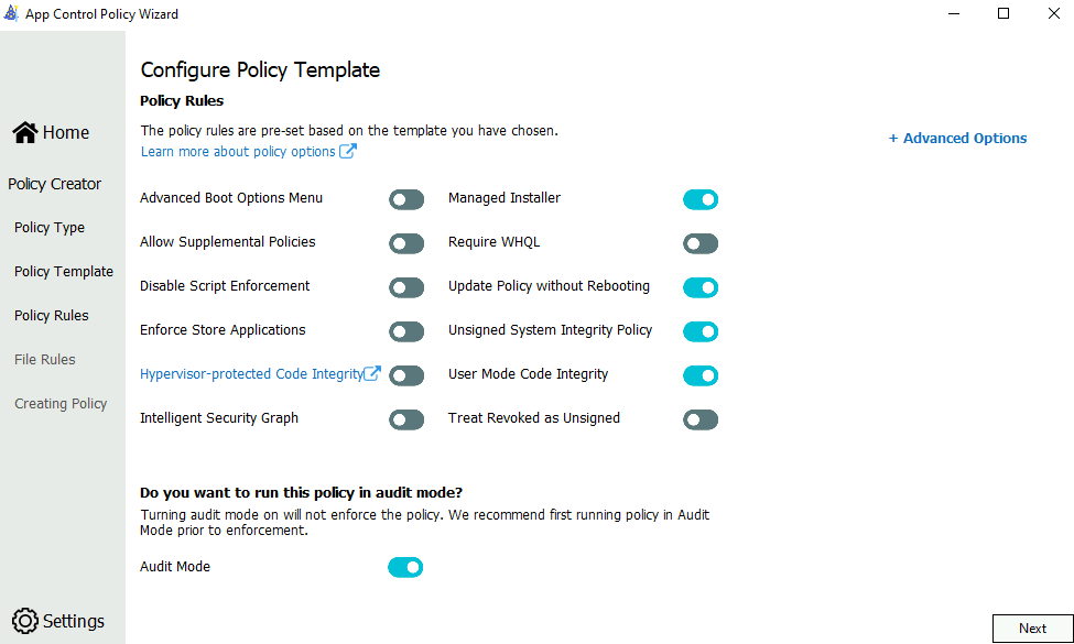 Screenshot of the Configure Policy Template screen.