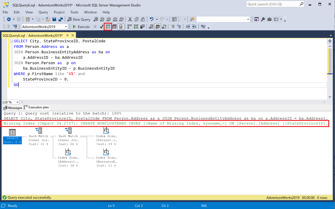 Screenshot shows a query and a graphic execution plan. A missing index request appears at the top of the missing index request in green font.