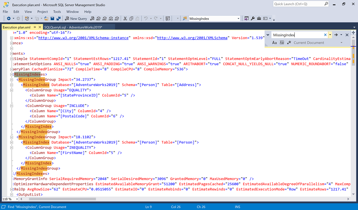 Screenshot of the XML for an execution plan. The Find dialog has been opened, and the term MissingIndex has been searched for in the document.