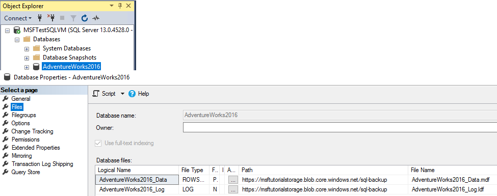 Screenshot of SSMS of the AdventureWorks2022 database on the Azure VM.