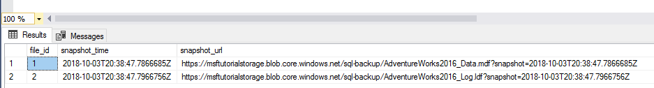 Screenshot from SSMS of the results of fn_db_backup_file_snapshots, showing snapshots.