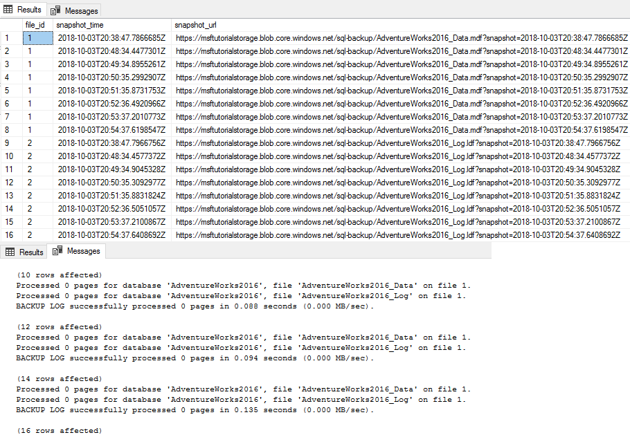 Screenshot from SSMS showing the result set of backup snapshot history.