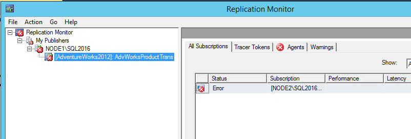 Screenshot of Red X on the 'Agents' tab of Replication Monitor.