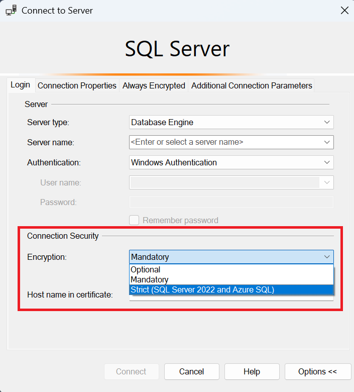 Screenshot of the connect to server dialog box in SQL Server Management Studio.