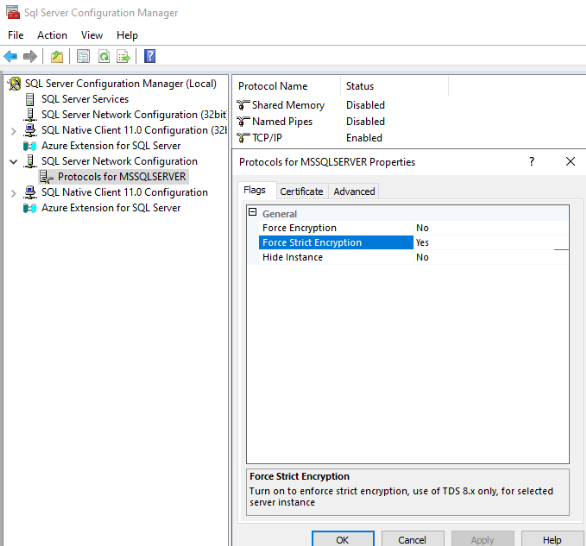 Screenshot of the Force Strict Encryption option in SQL Server Configuration Manager.
