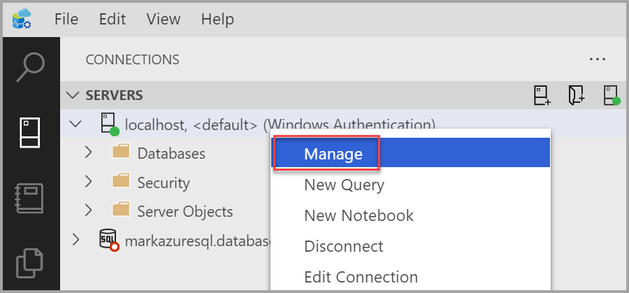 Screenshot showing Azure Data Studio. The Manage option is highlighted.