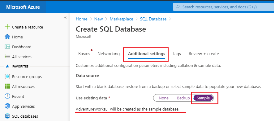 Screenshot that shows the Sample option under Use existing data.
